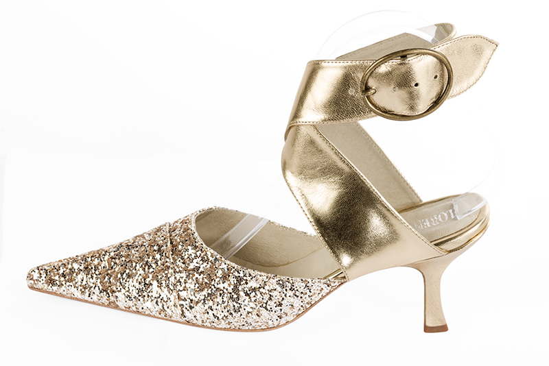Gold women's open back shoes, with crossed straps. Pointed toe. High spool heels. Profile view - Florence KOOIJMAN